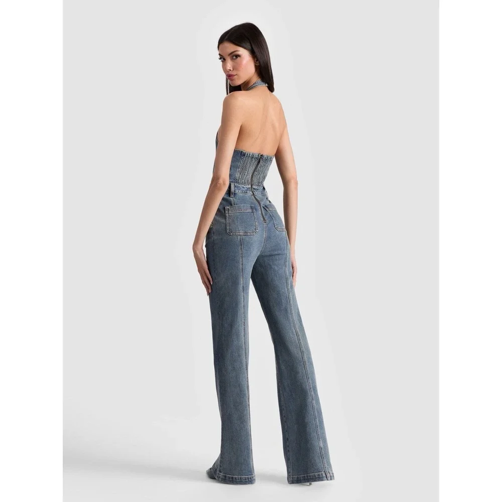 $550 NWT Alice+Olivia Gorgeous Pennie Denim Bootleg Halter Jumpsuit - Picture 3 of 16